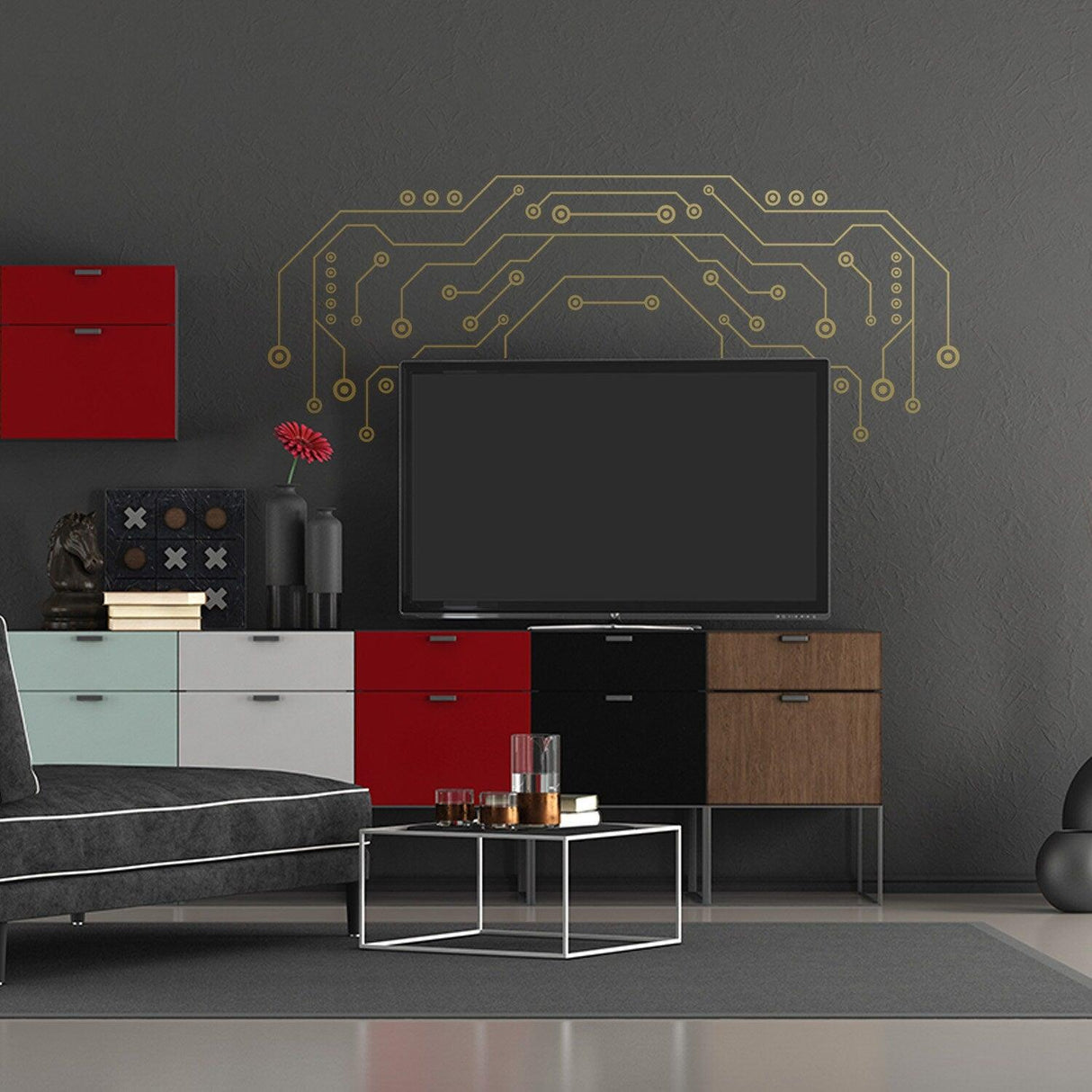 Stylish TV wall decor art vinyl decal featuring a circuit design above a modern television and colorful furniture.