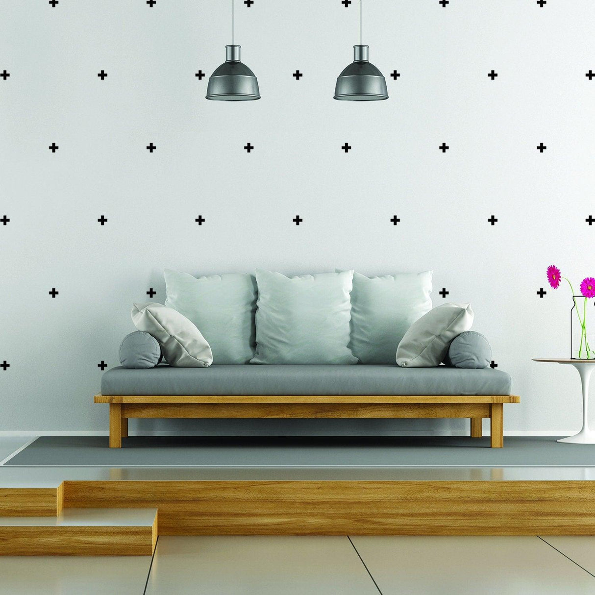 Living room with 50 cross sticker vinyl wall decor adding stylish accents to minimalist interior design.
