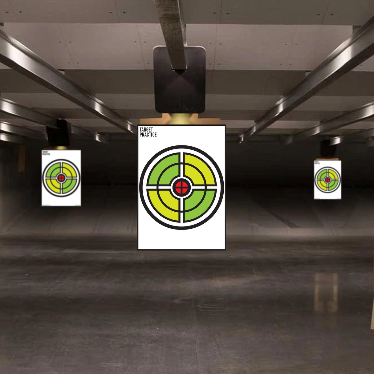 Indoor shooting range with multiple target practice boards featuring colorful bullseye designs.