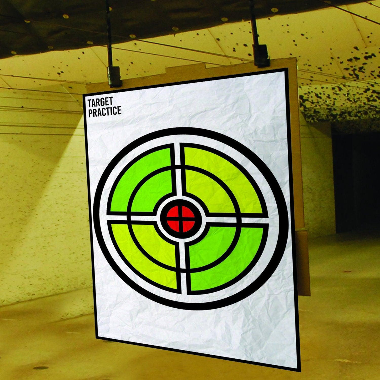 Large circle shooting target for gun, rifle, pistol, and airsoft practice in an indoor range setting.