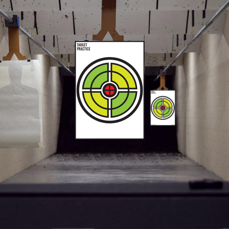 Large outdoor shooting targets set in a practice range, featuring colorful circle designs for accurate aiming.