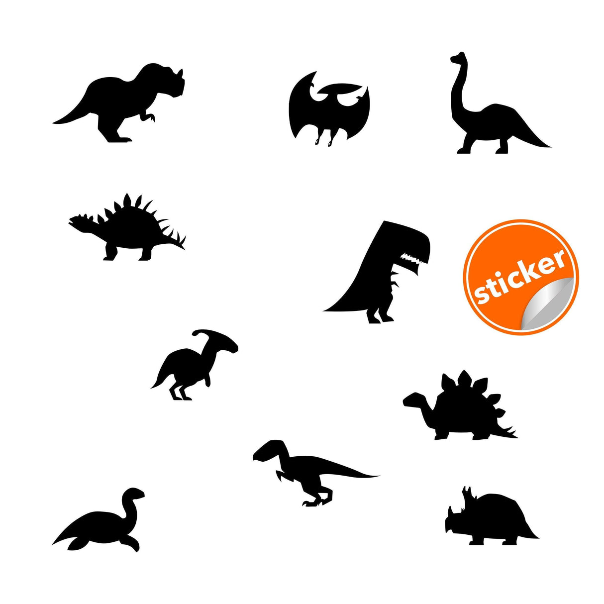 Set of 10 dinosaur silhouette wall decals in black, perfect for nursery decor and playful room themes.