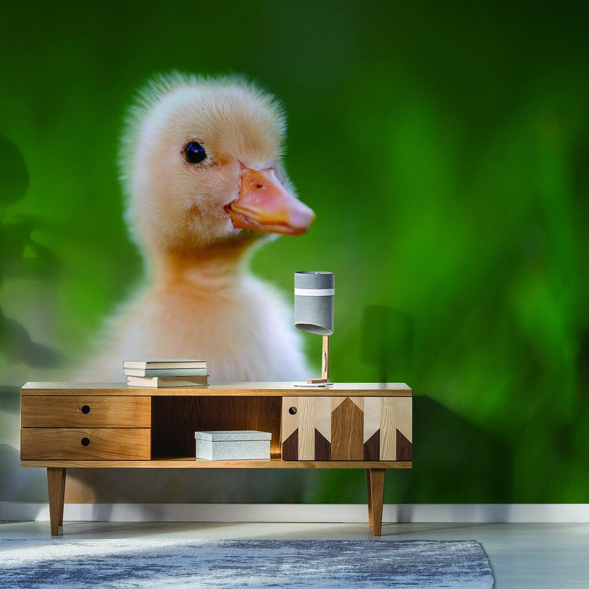 Close-up of an adorable duckling in a green background, perfect for home decor and playful ambiance.