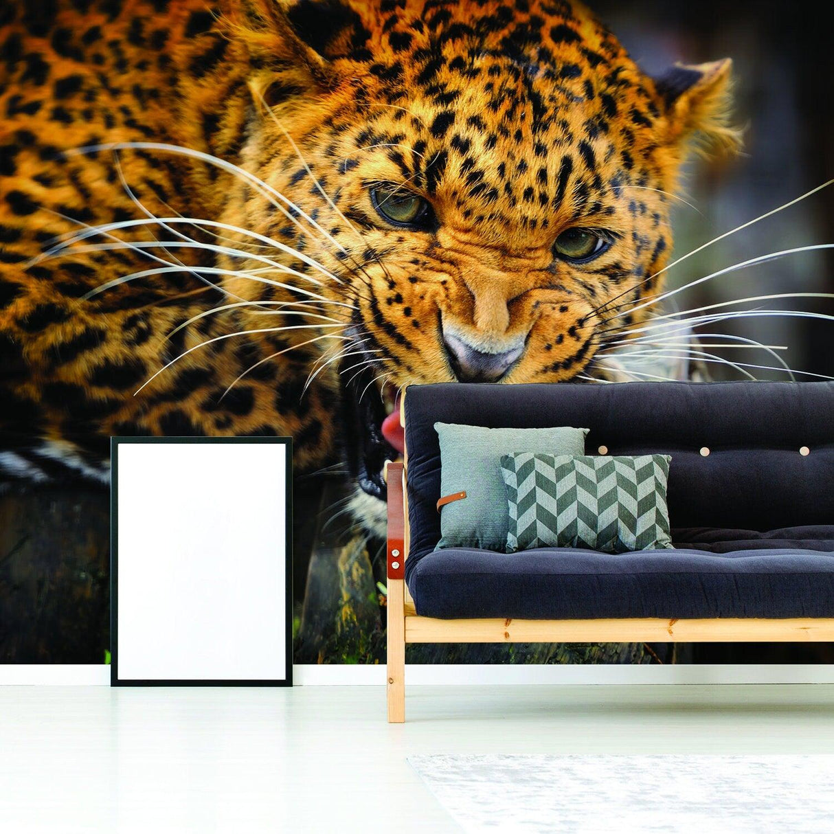 Jaguar wallpaper vinyl decal decor displaying fierce jaguar design in a stylish living room setting.