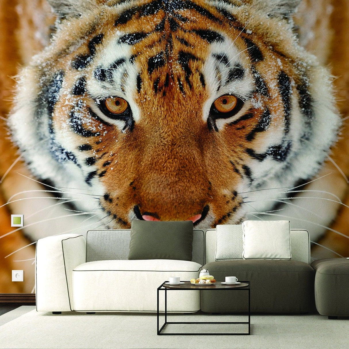 3D tiger wallpaper decal featuring a realistic orange tiger head, adding wildness to modern interior decor.