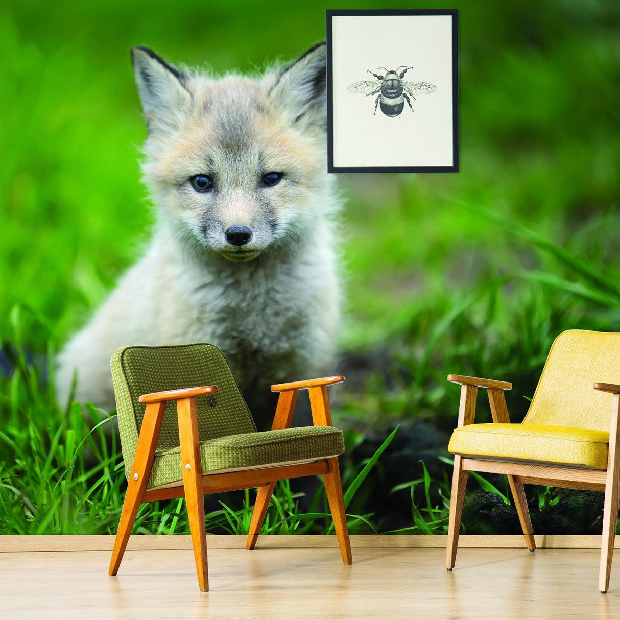 Cute baby fox on green grass wall decor with modern chairs, perfect for kid's nursery or bedroom.