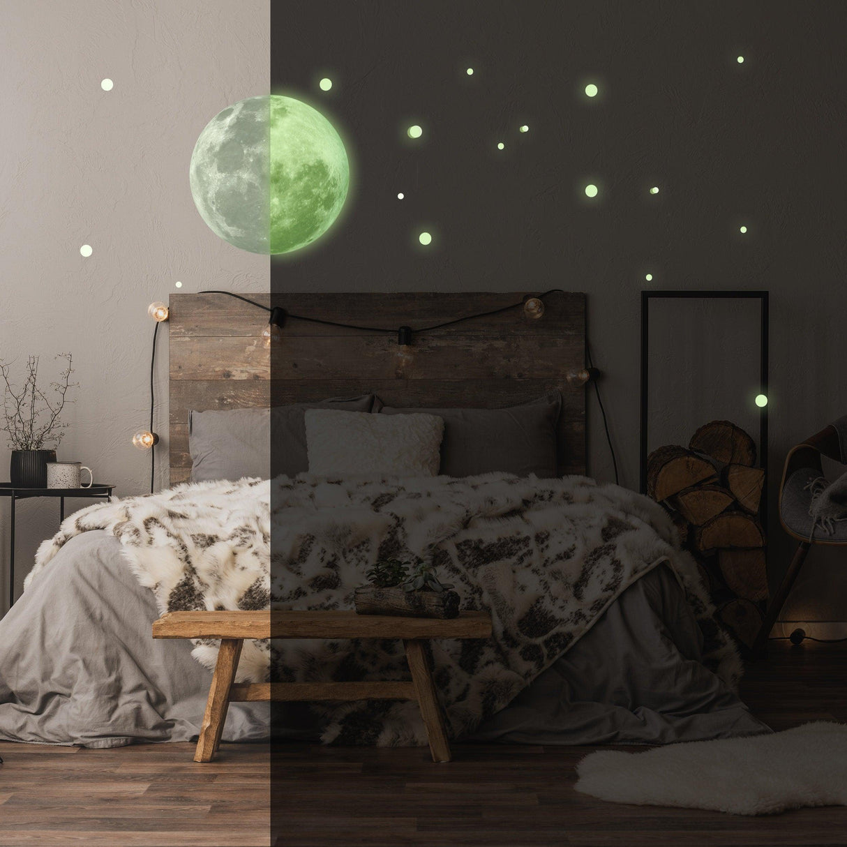 Glow in the dark moon and stars wall sticker above a cozy bed, adding a magical touch to the bedroom decor.