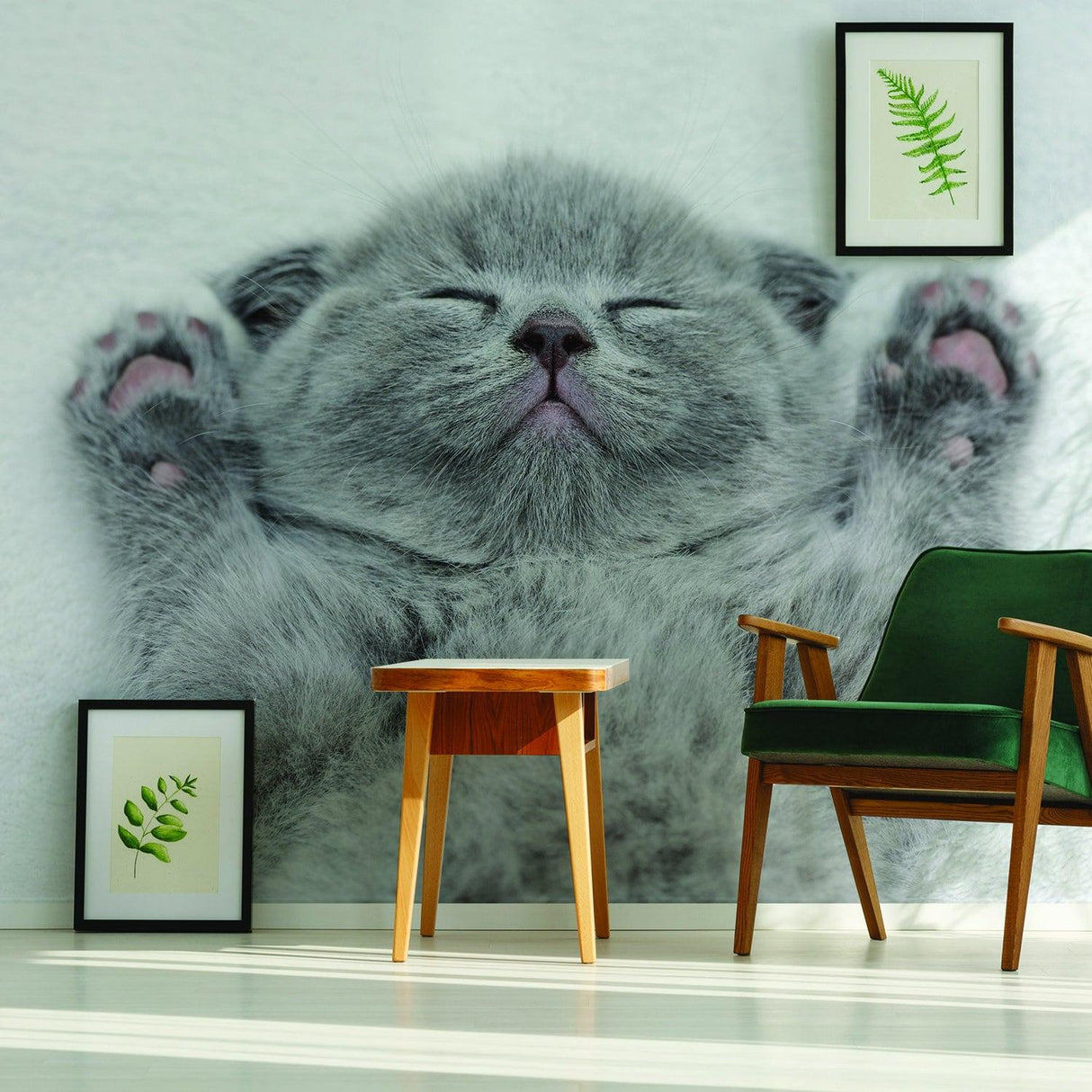 Cozy room with gray kitten wall decal and green chair, showcasing playful cat decor for home interior.