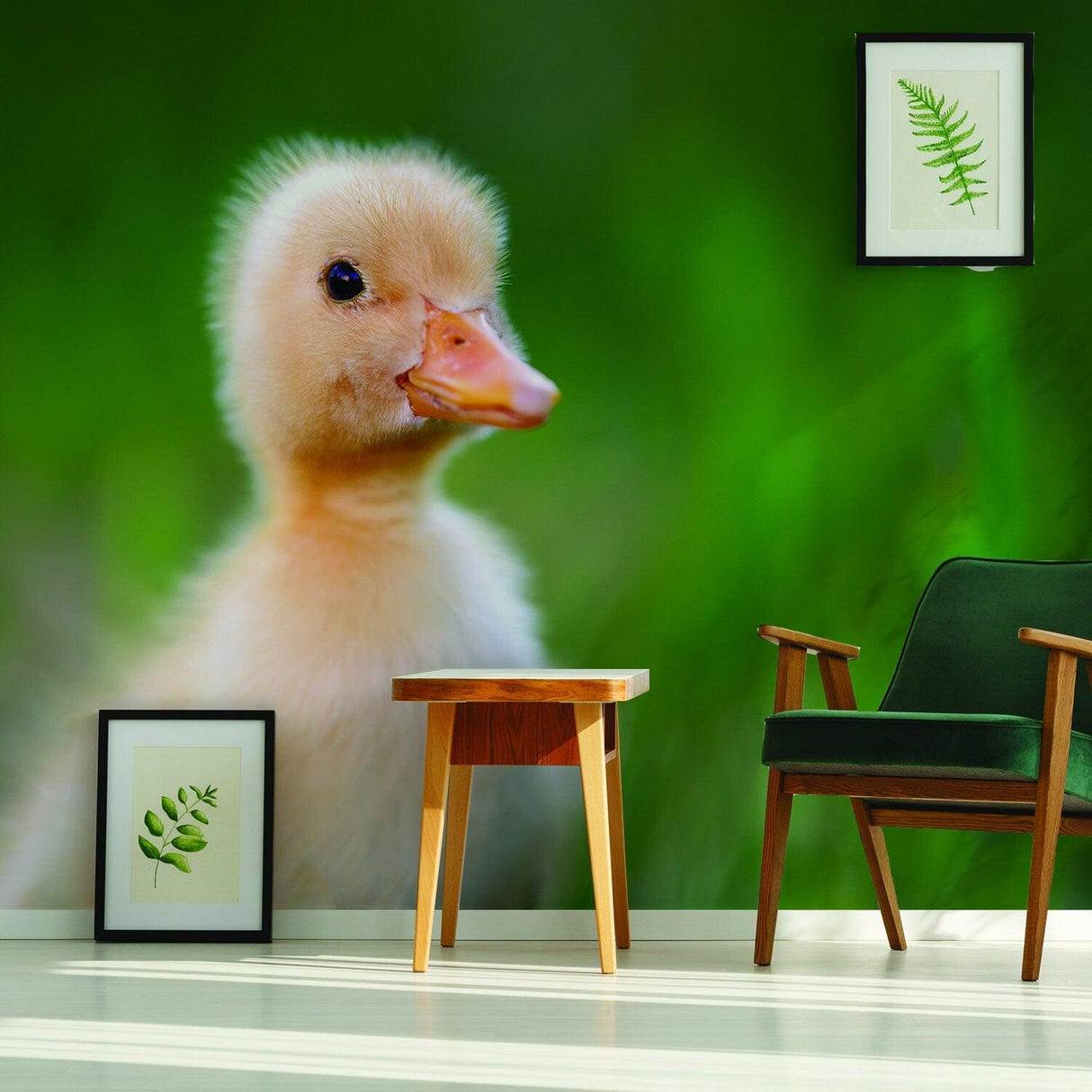 Close-up of a cute duckling on a vibrant green wall, showcasing playful decor with framed ferns and stylish chair.