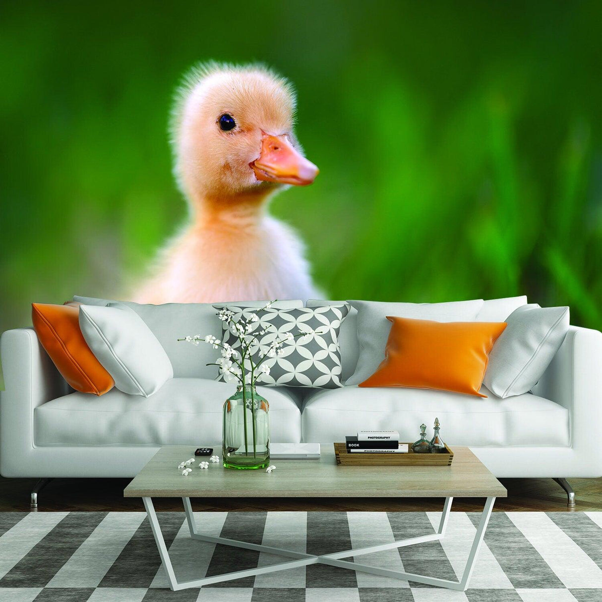 Adorable duckling portrait on a serene green background, perfect for home decor inspiration.