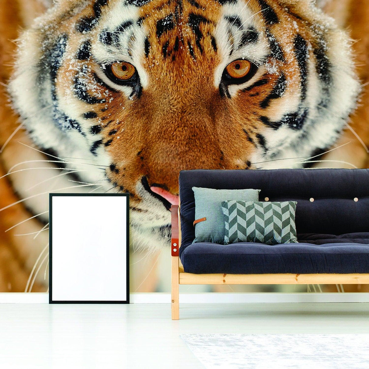 3D tiger wallpaper decal featuring a realistic orange tiger head in modern living room decor.