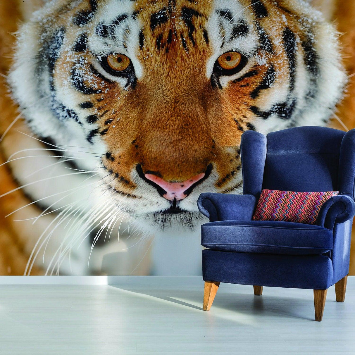 Realistic tiger wallpaper decal featuring an intense 3D design, enhancing interior decor with a wild touch.