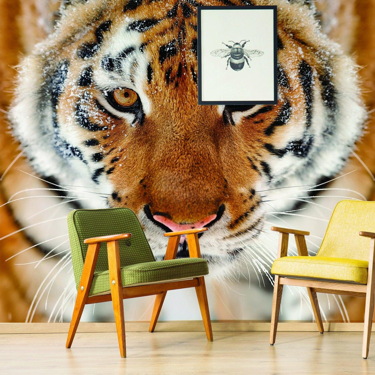 Realistic 3D tiger wallpaper decal with orange head in modern room setting featuring stylish chairs.