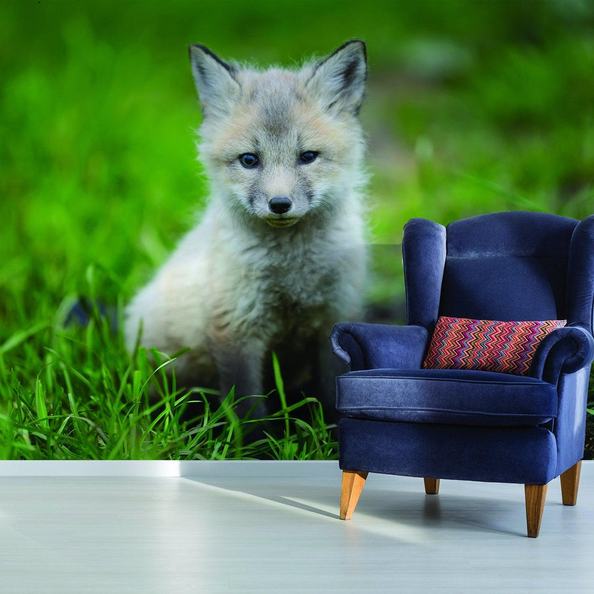 Cute little fox wallpaper decor decal featuring a baby fox in grass, ideal for kids' rooms and nurseries.