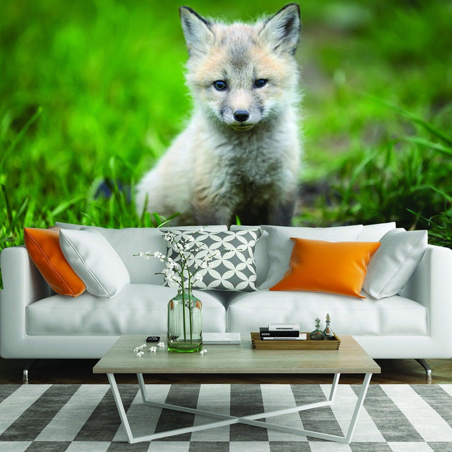 Cute little fox wallpaper decor in a cozy living room with modern furnishings, adding charm to any space.