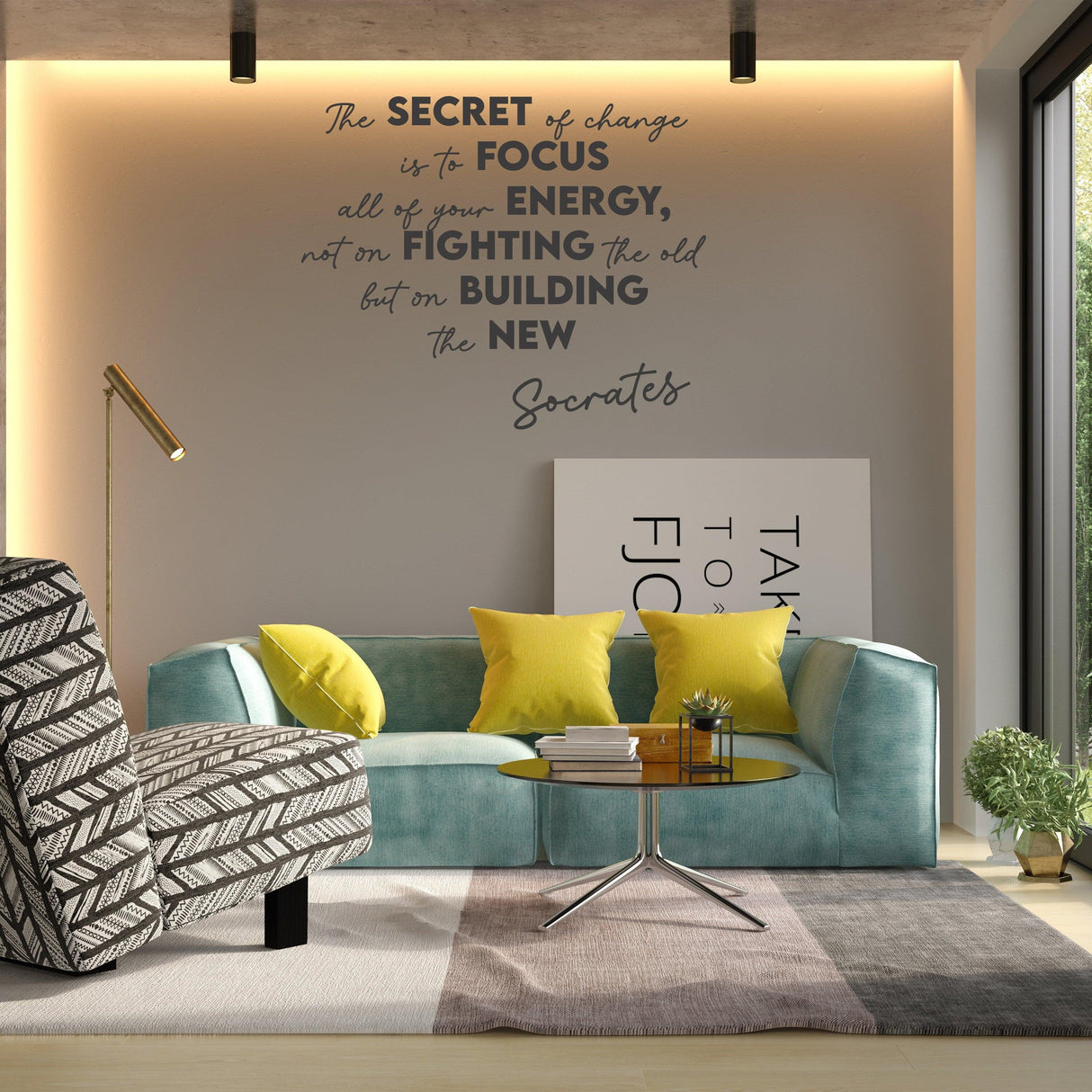 Inspirational wall decor featuring a positive quote in a modern living room with colorful furniture.