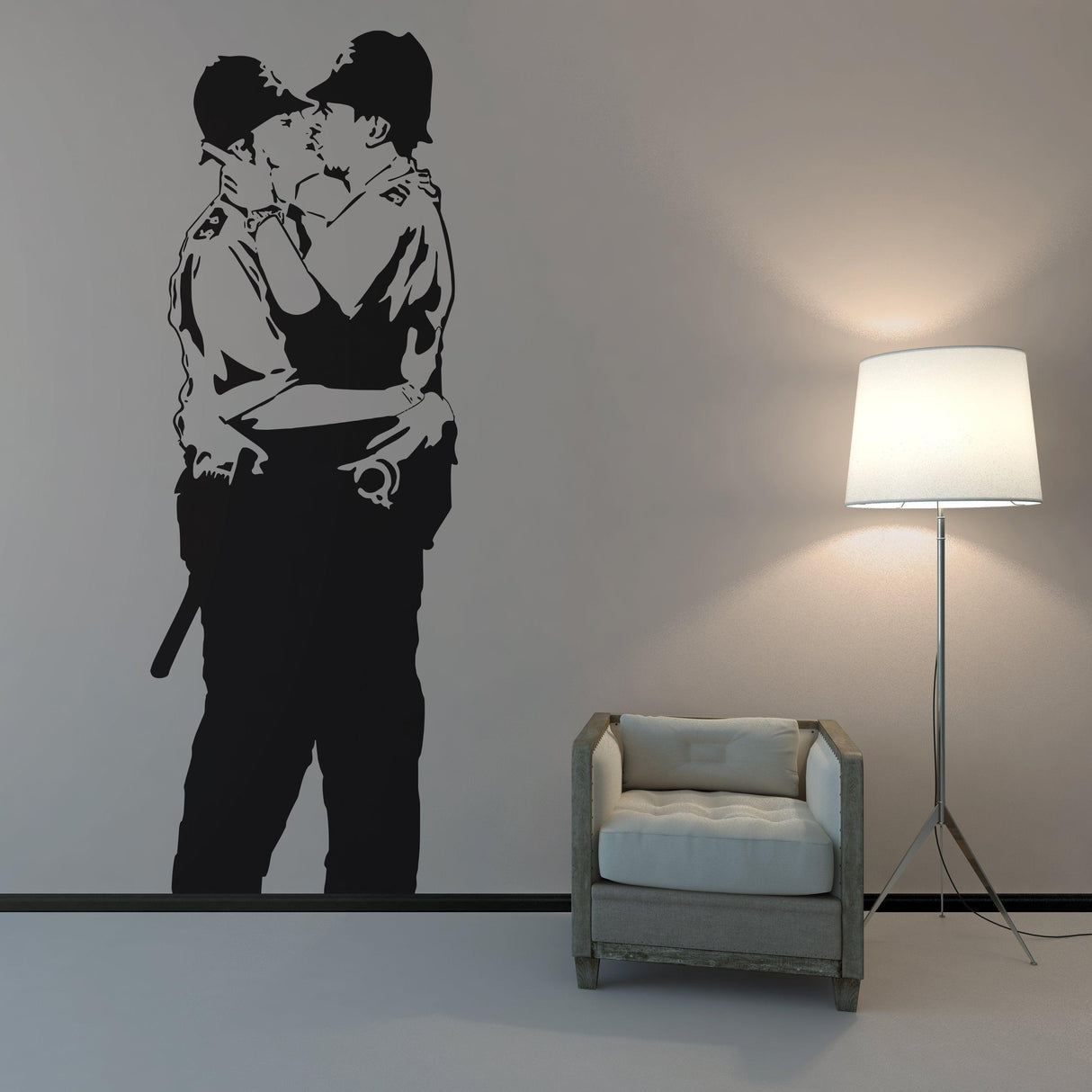 Banksy Police Kissing Wall Sticker on a modern wall, showcasing bold street art design in a stylish living room setting.