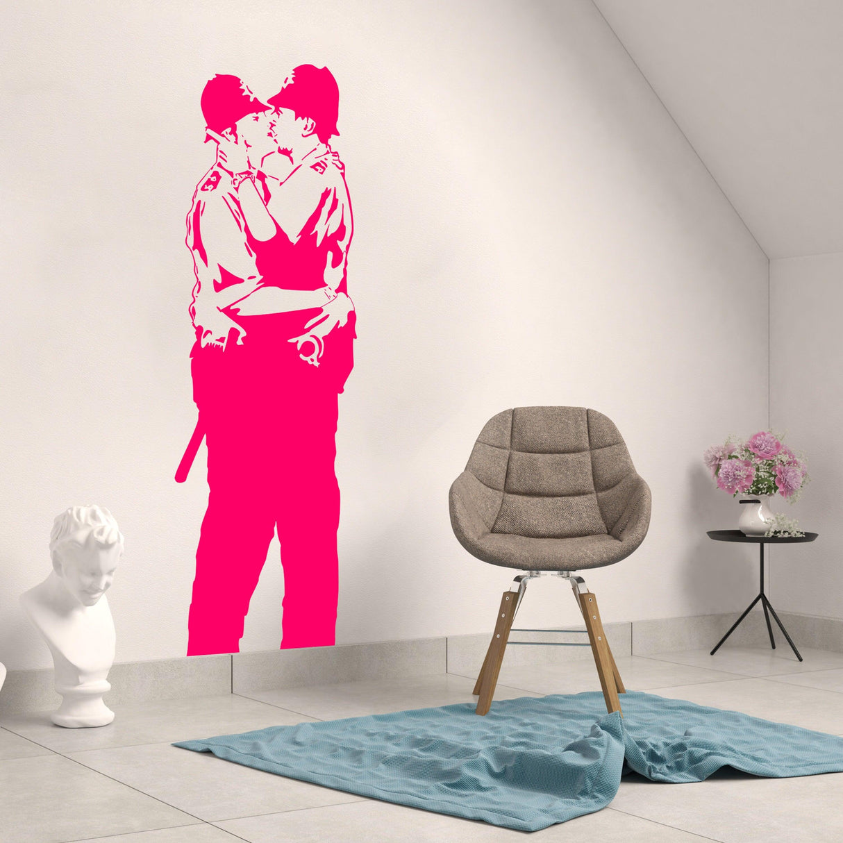 Banksy Police Kissing Wall Sticker in pink vinyl decor for home, featuring two police officers kissing.