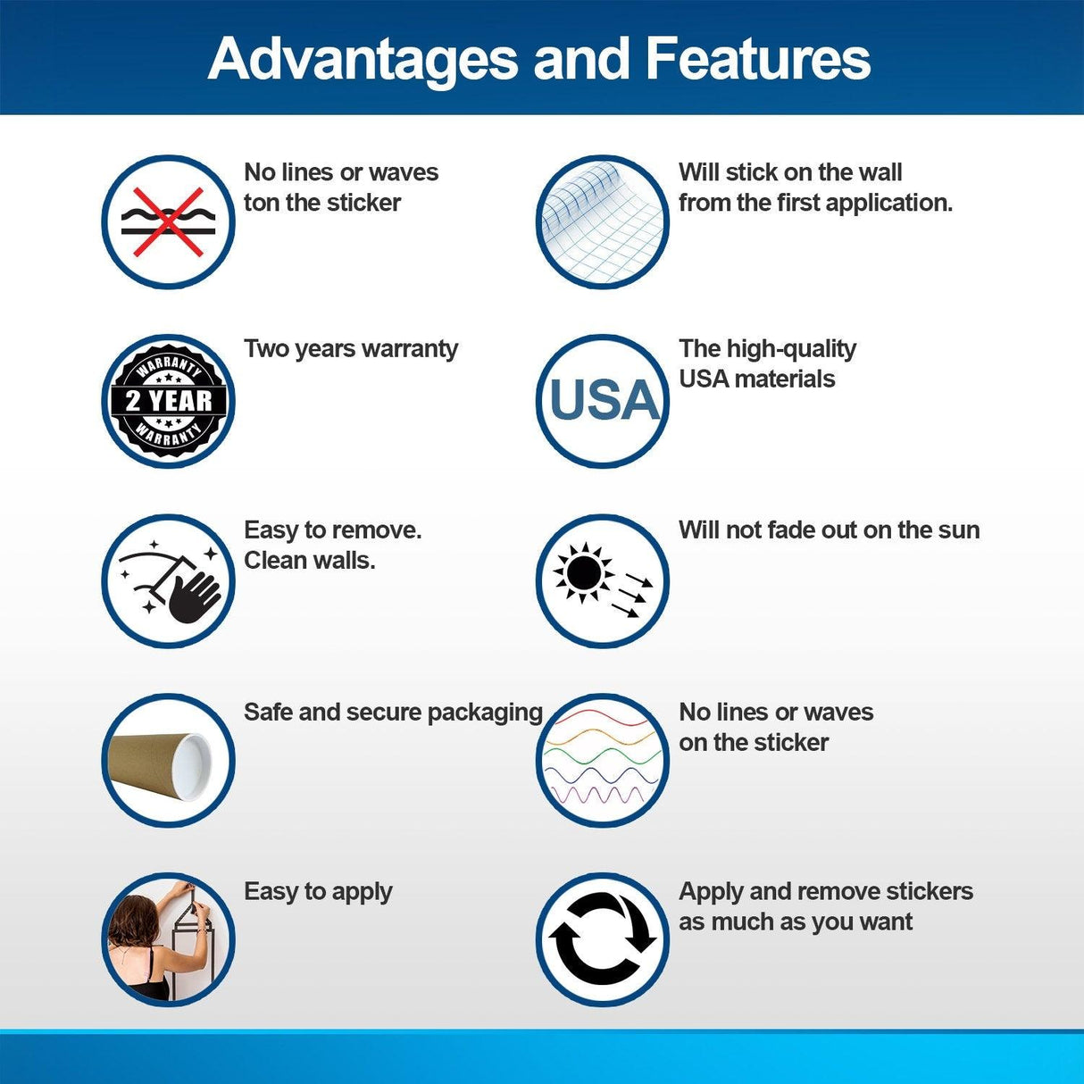 Advantages and features of removable stickers including warranty, easy removal, and quality materials.