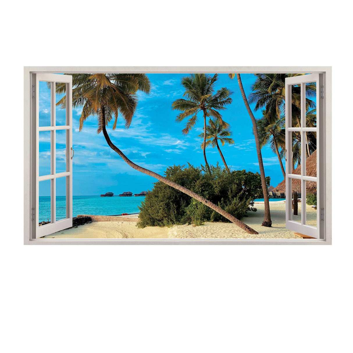 3D window beach view wall sticker showcasing a vibrant ocean scene with palm trees and sandy shore.