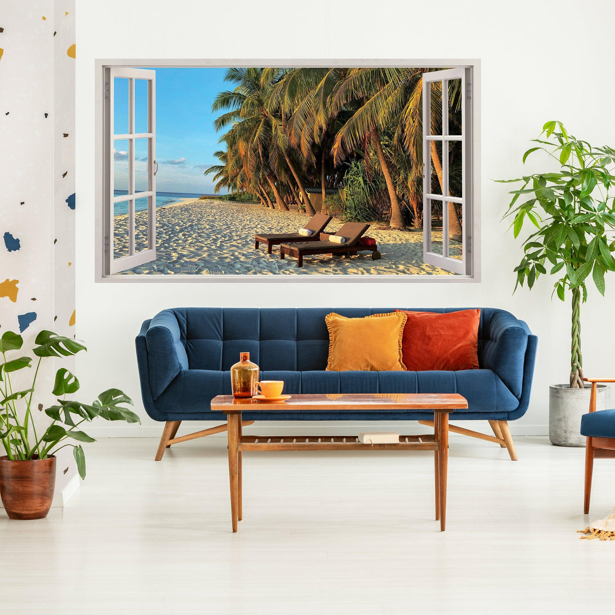 3D window beach view wall sticker depicting palm trees and sandy beach, perfect for a serene bedroom decor.