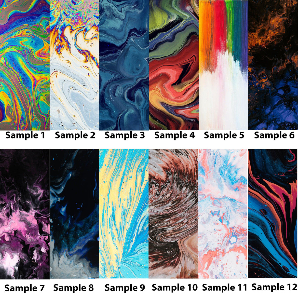 Collection of 12 vibrant abstract wallpaper samples showcasing various marbled designs and color patterns.