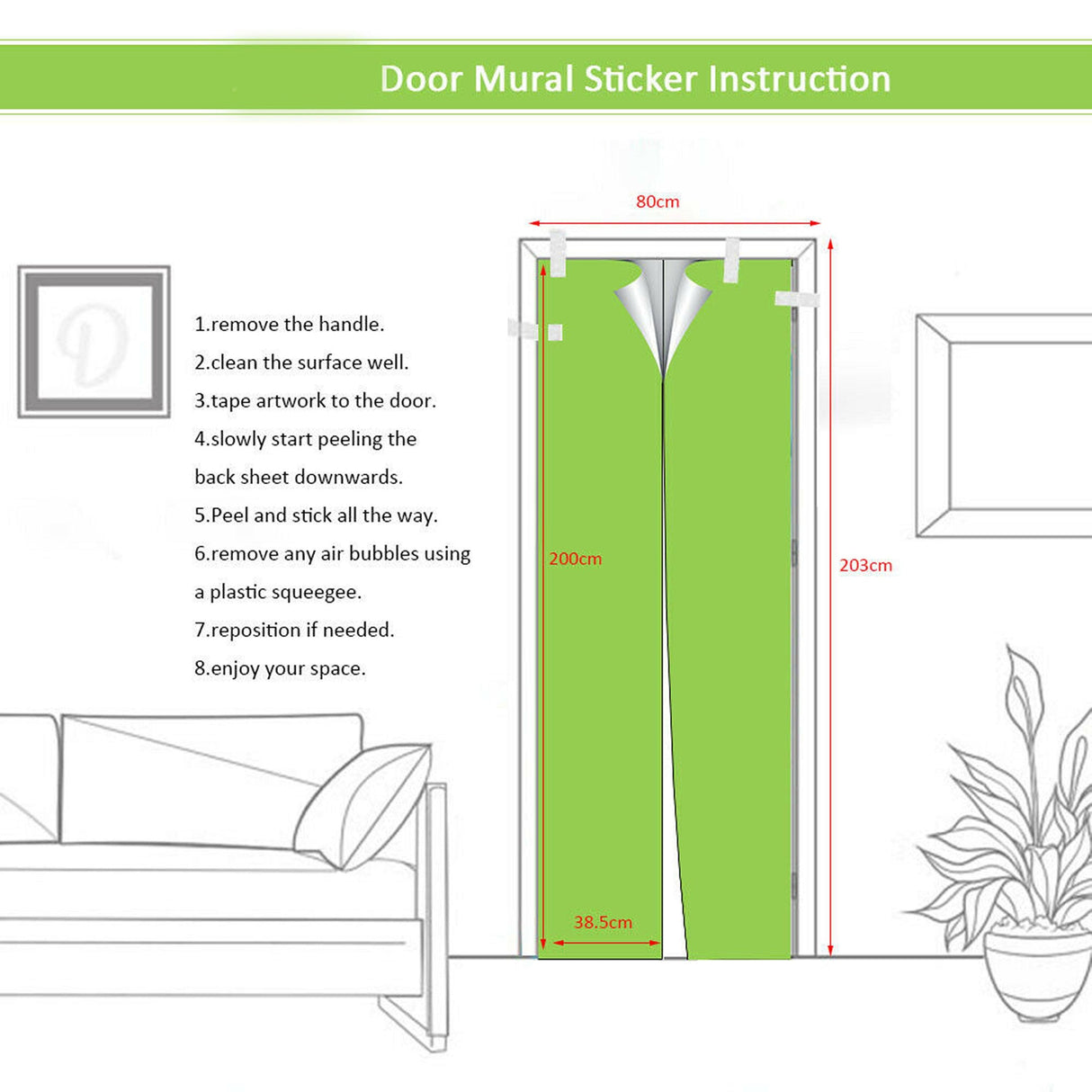 Instructions for applying a door mural sticker, showing size guide and application steps for easy placement.