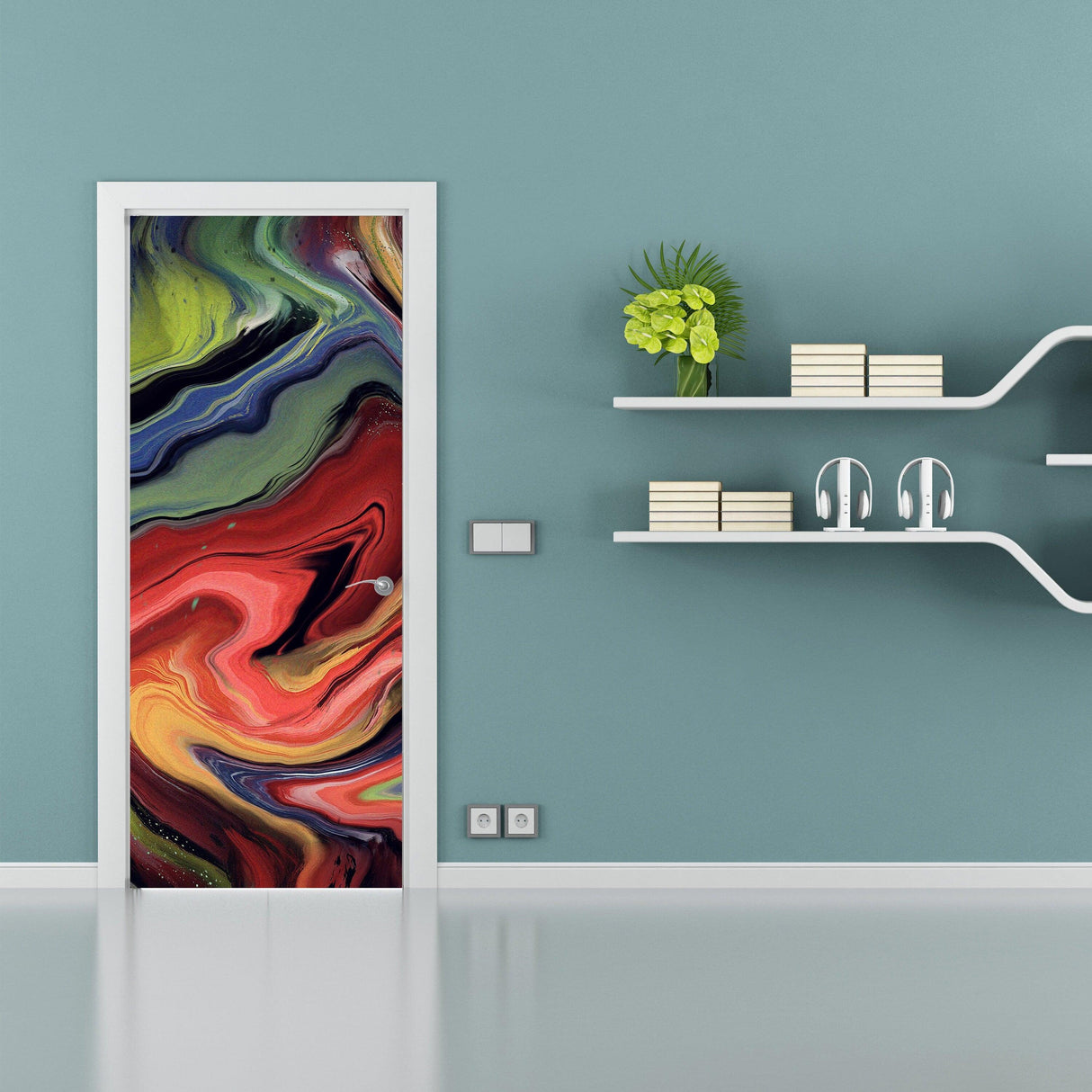 3D Door Cover Sticker featuring colorful abstract design on a white door in a modern home setting.