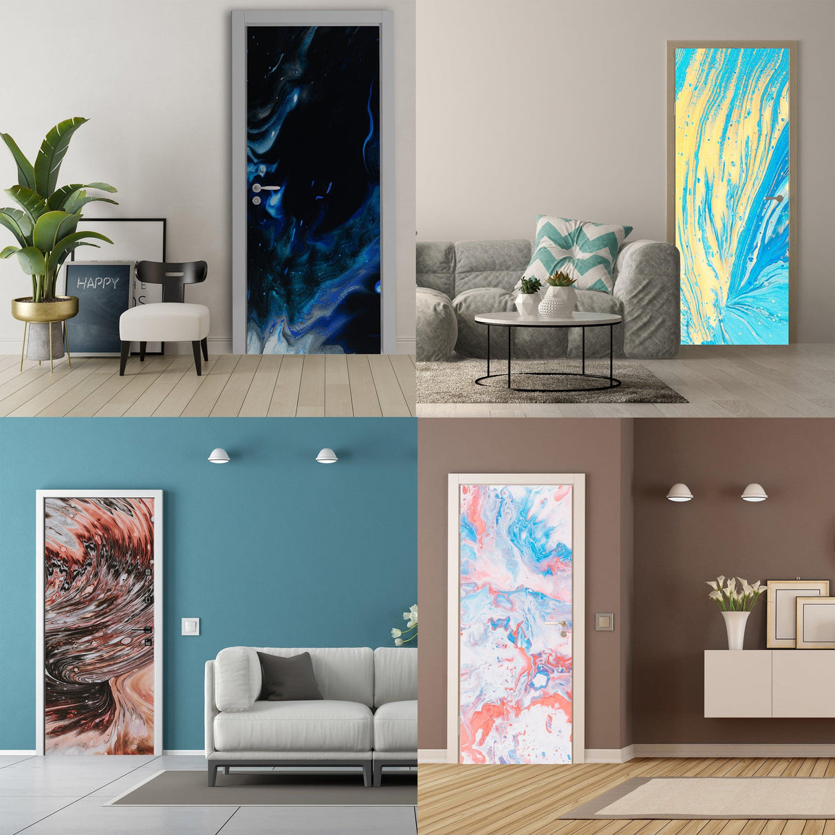 Collage of 3D door cover stickers featuring abstract designs for modern home decor.