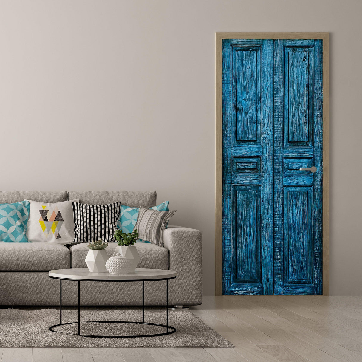 3D door cover sticker with blue textured wood design as a mural in a modern living room setting.