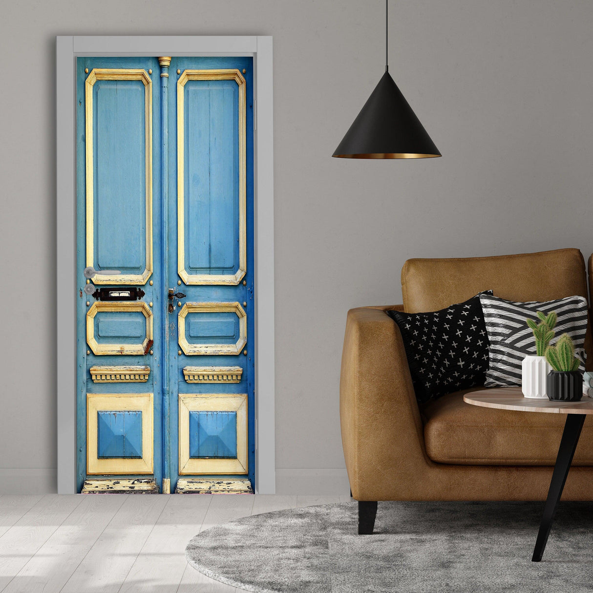3D door cover sticker featuring a rustic blue barn door design, enhancing home decor with vibrant colors.