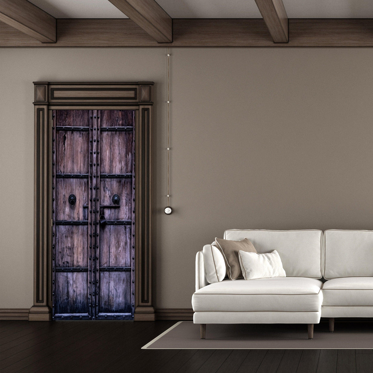 3D barn door cover sticker mural on a living room wall enhancing rustic decor and style.