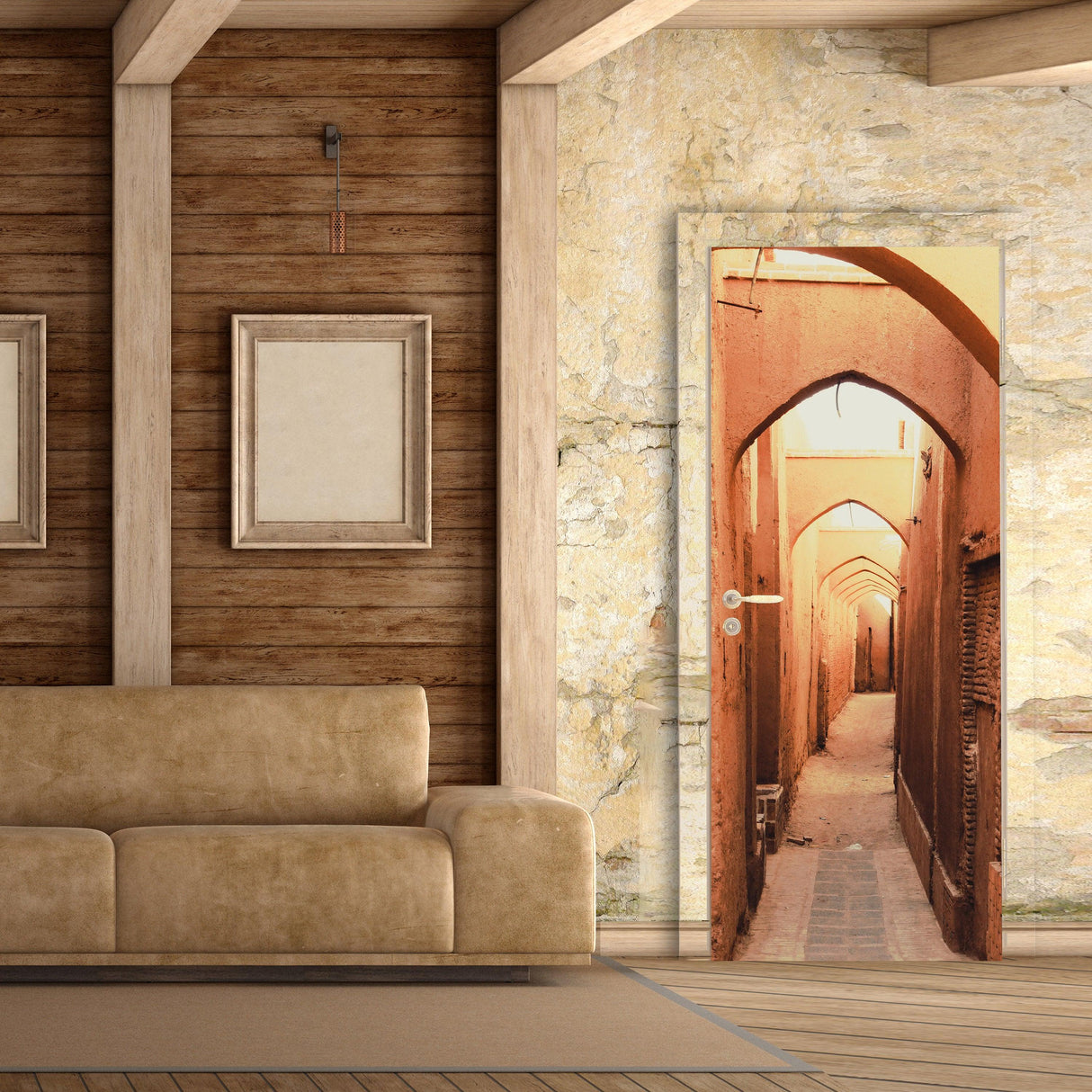 3D door cover sticker featuring a stunning street wallpaper design in a cozy interior setting.