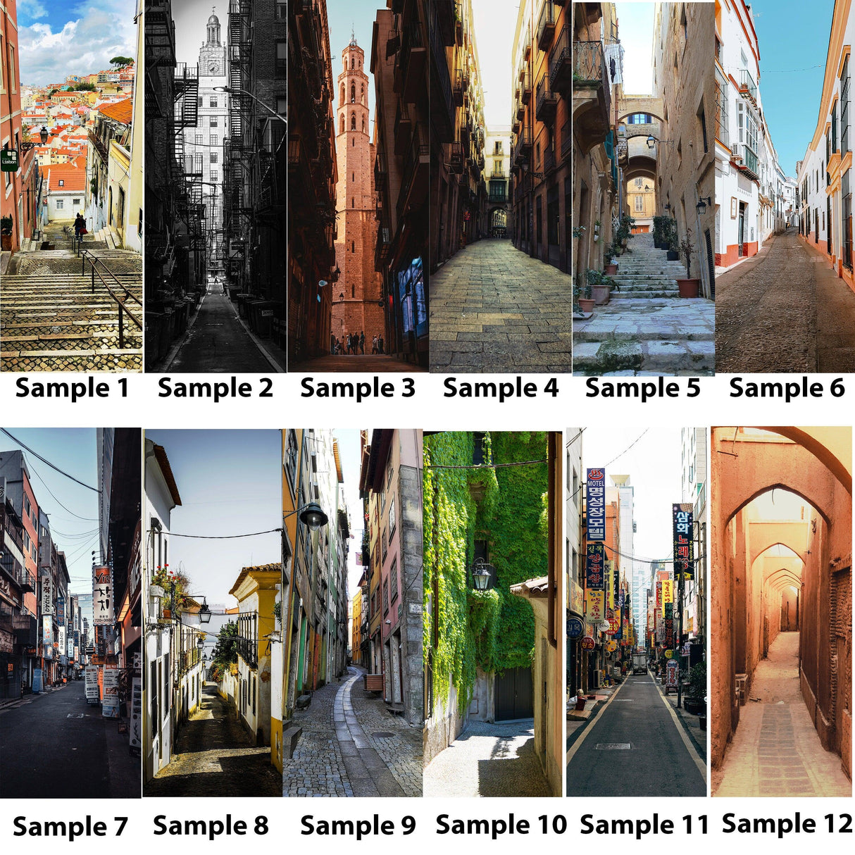 Collage of urban street scenes showcasing various architectural styles and cityscapes.