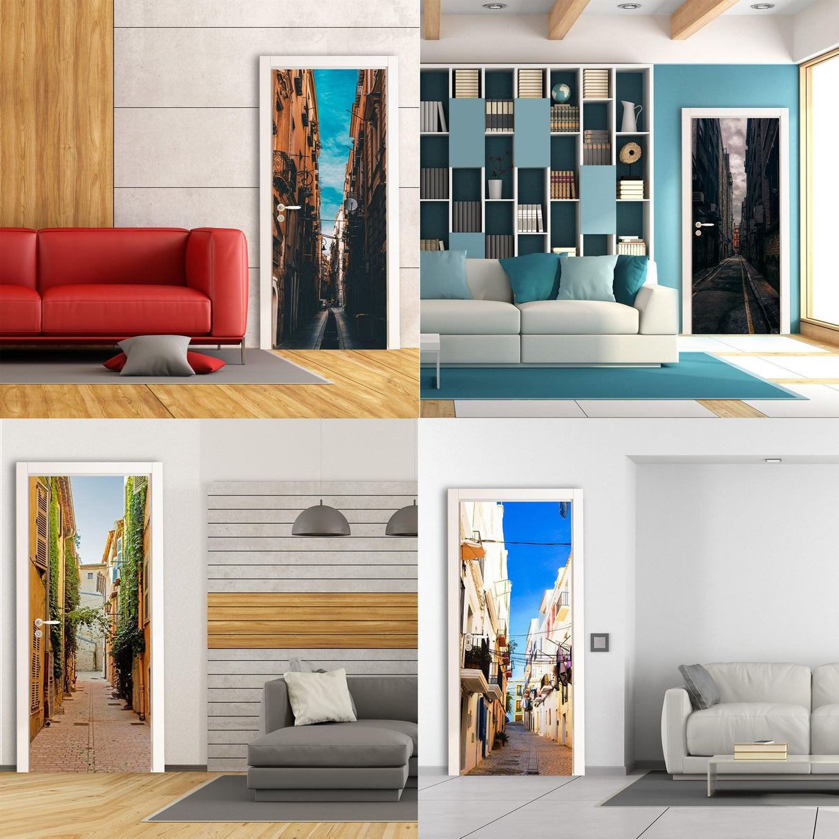 Collage of rooms with 3D door cover stickers depicting stunning street wallpaper designs.