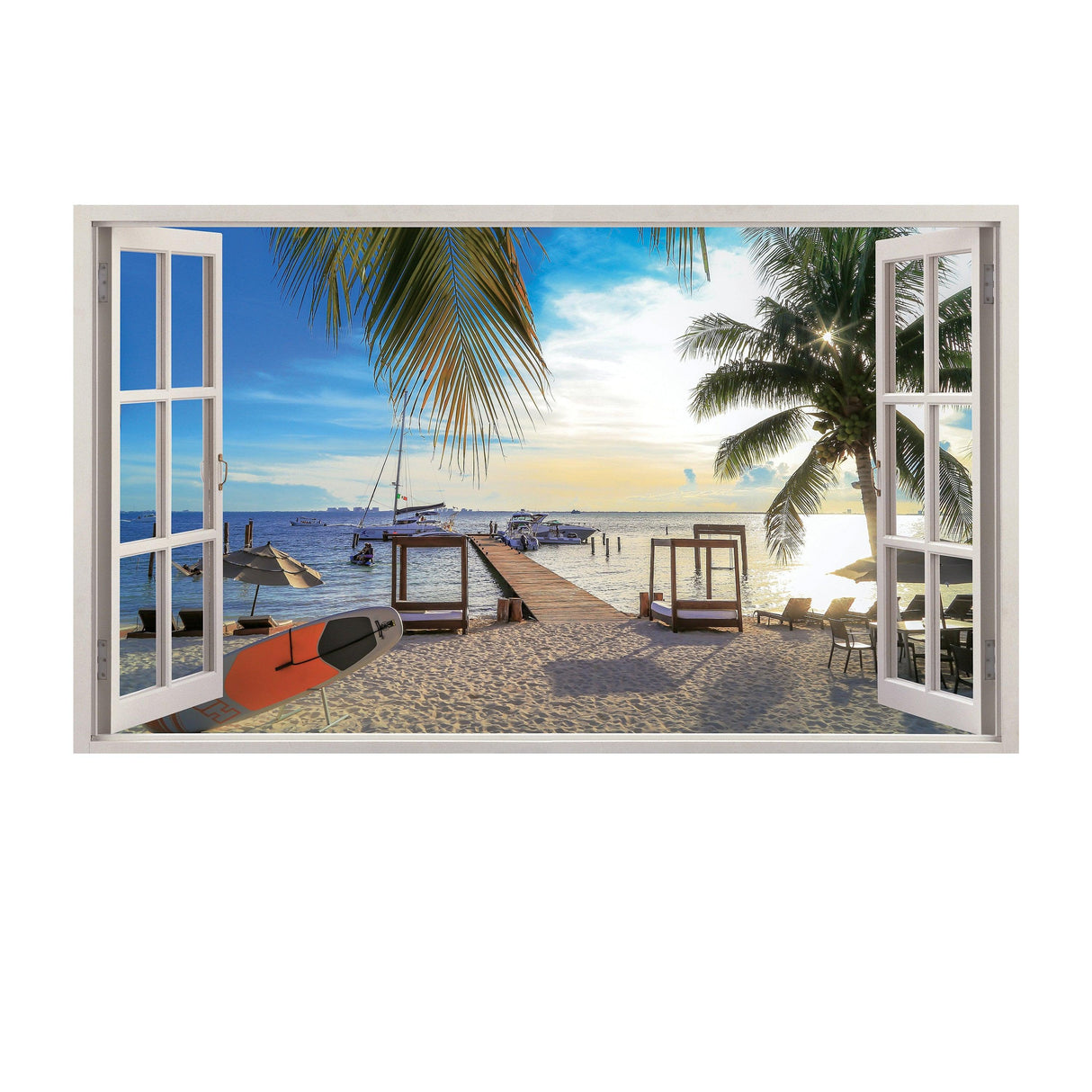 3D window beach view wall sticker depicting a serene ocean scene with palm trees, perfect for home decor or bedroom.