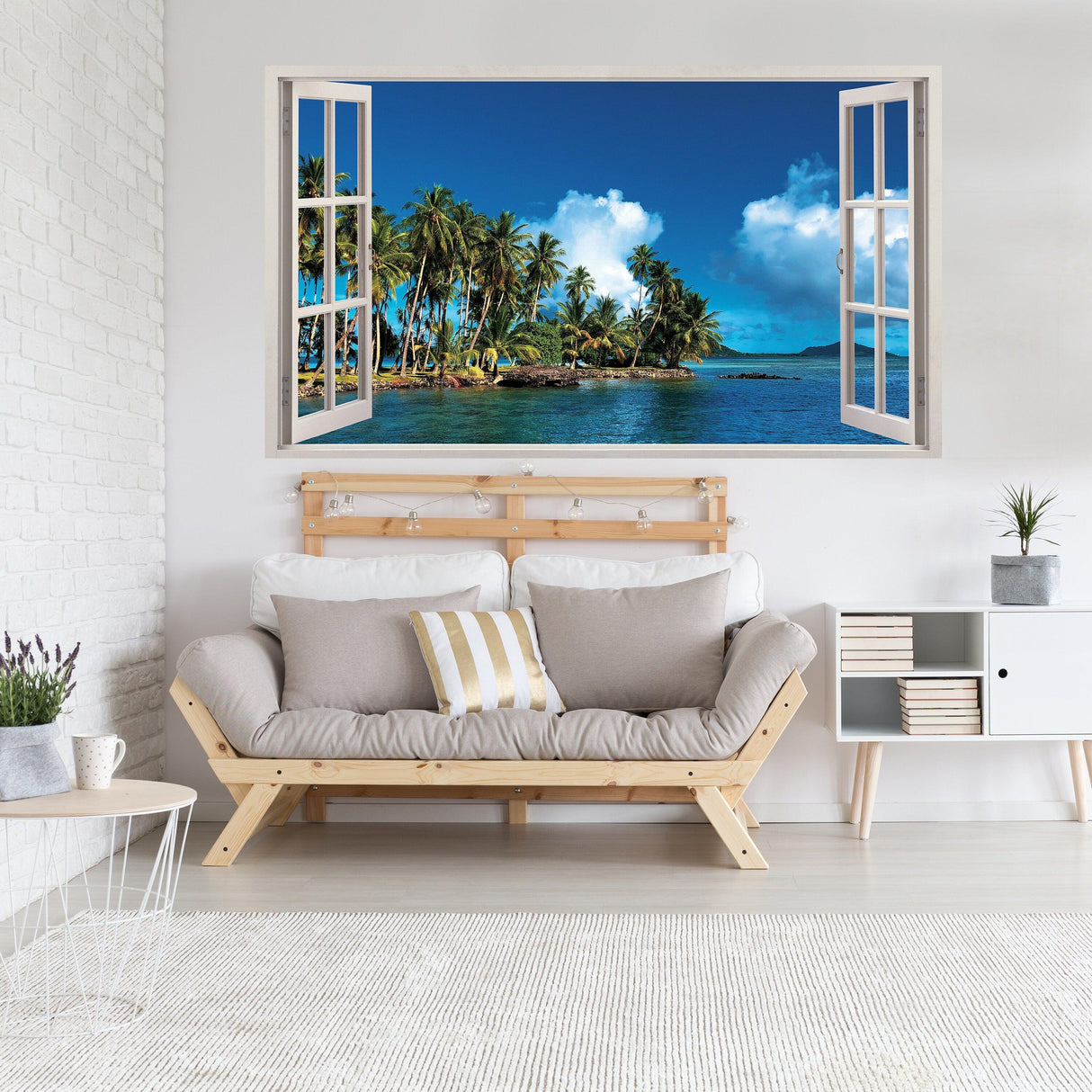 3D window beach view wall sticker showing ocean scene and palm trees in a cozy living room setting.