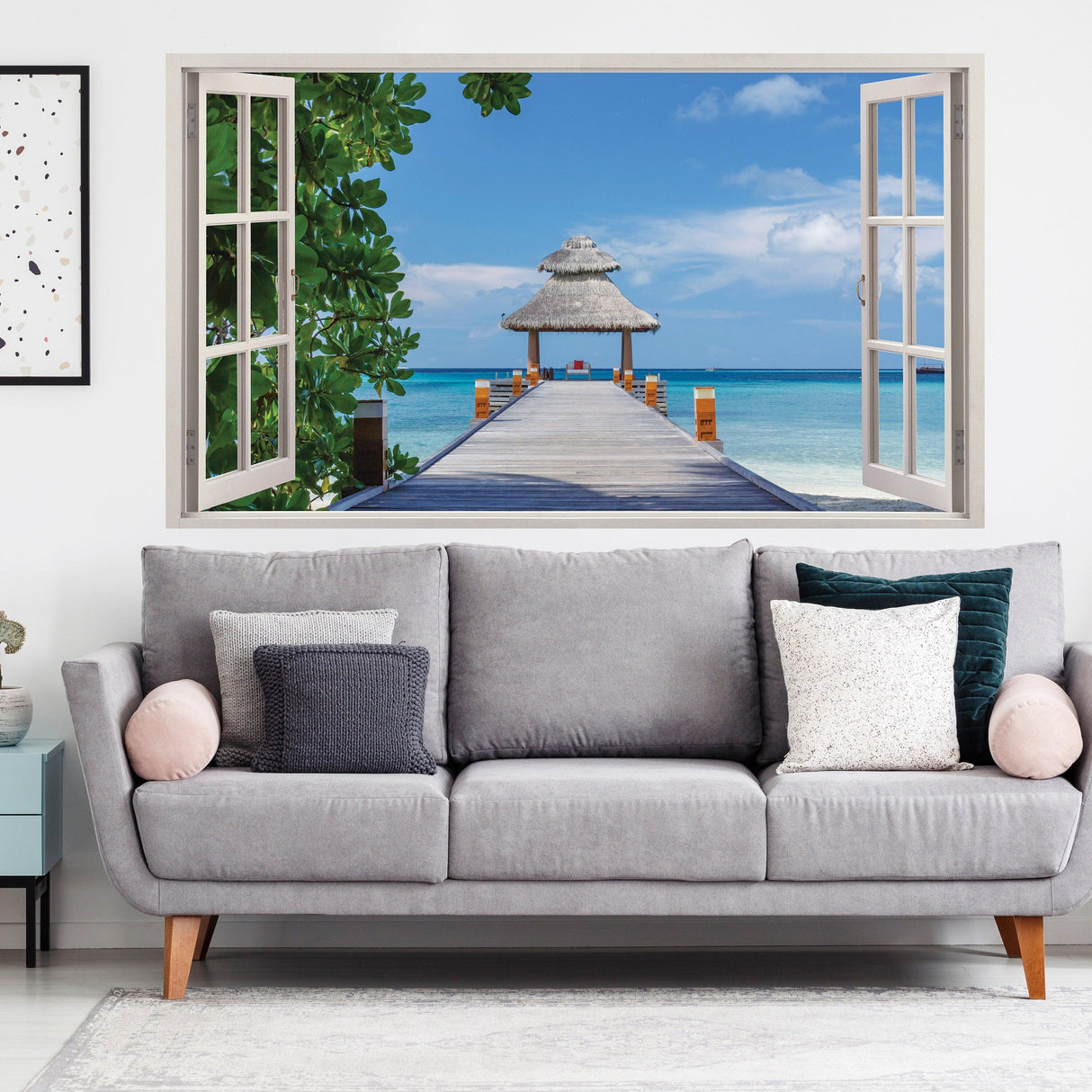 3D window beach view wall sticker featuring ocean scene, decorative vinyl decal for living room decor.