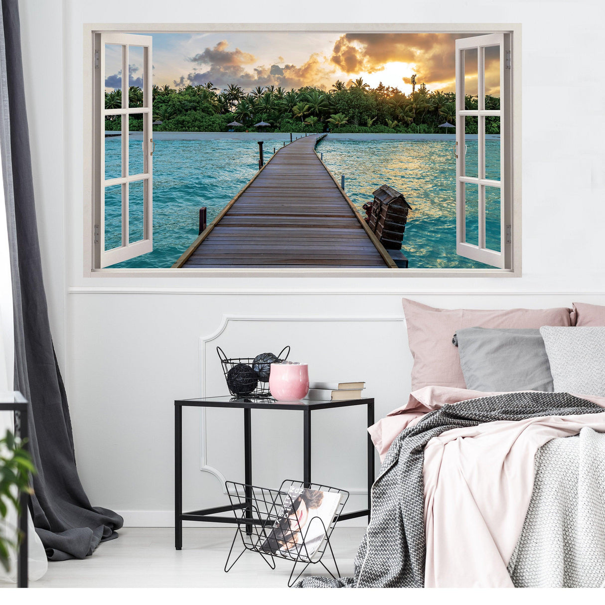 3D window beach view wall sticker showing a wooden dock over turquoise water with lush greenery and clouds in the background.