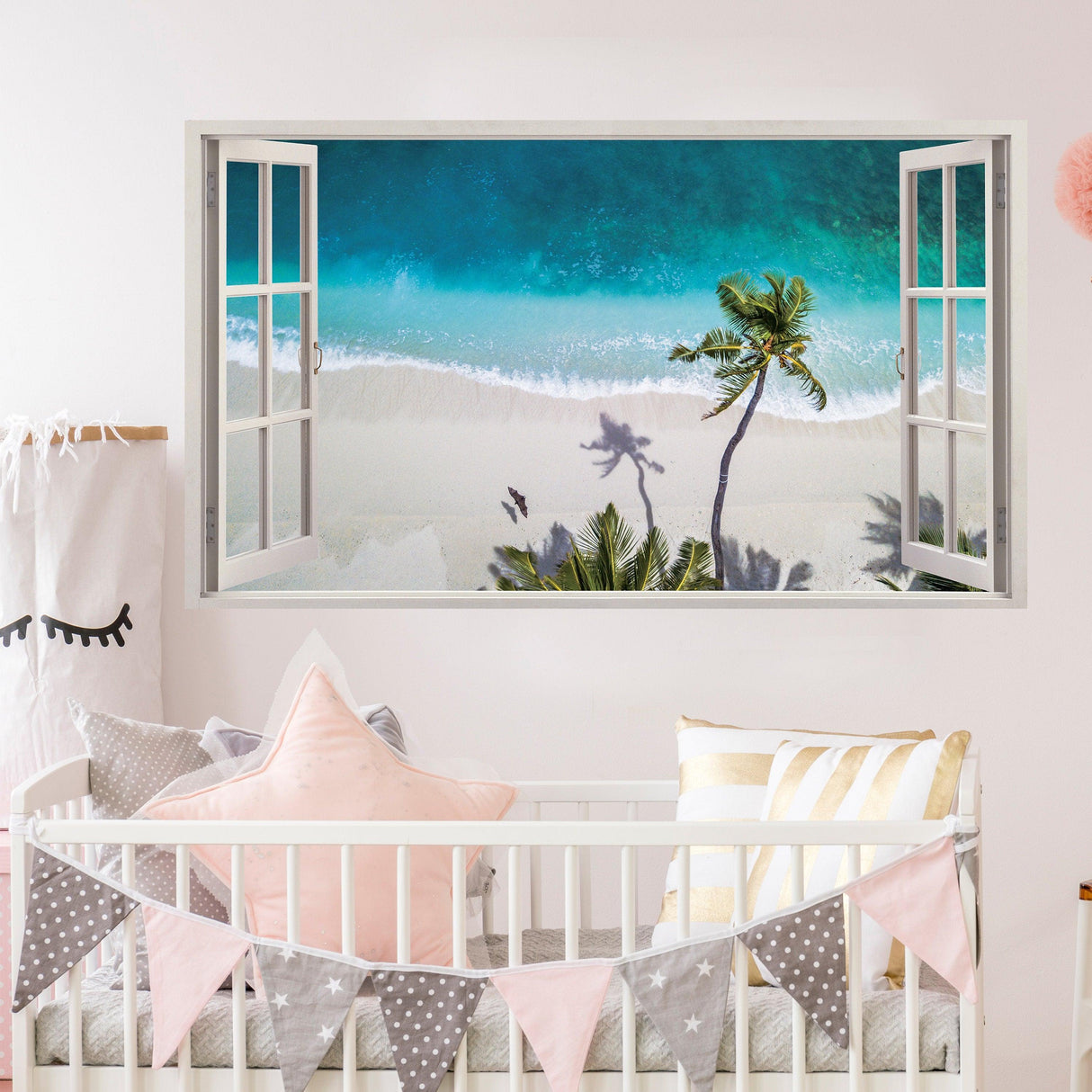 3D window beach view wall sticker showing ocean scene and palm trees in a serene bedroom setting.
