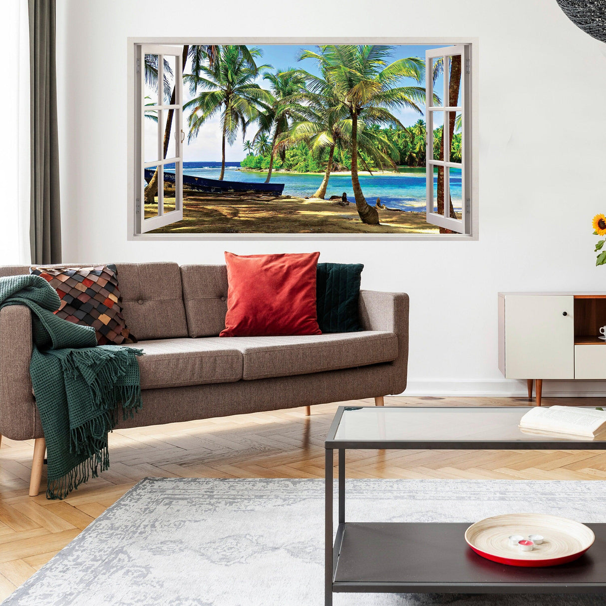 3D window beach view wall sticker depicting palm trees and ocean scene in modern living room.