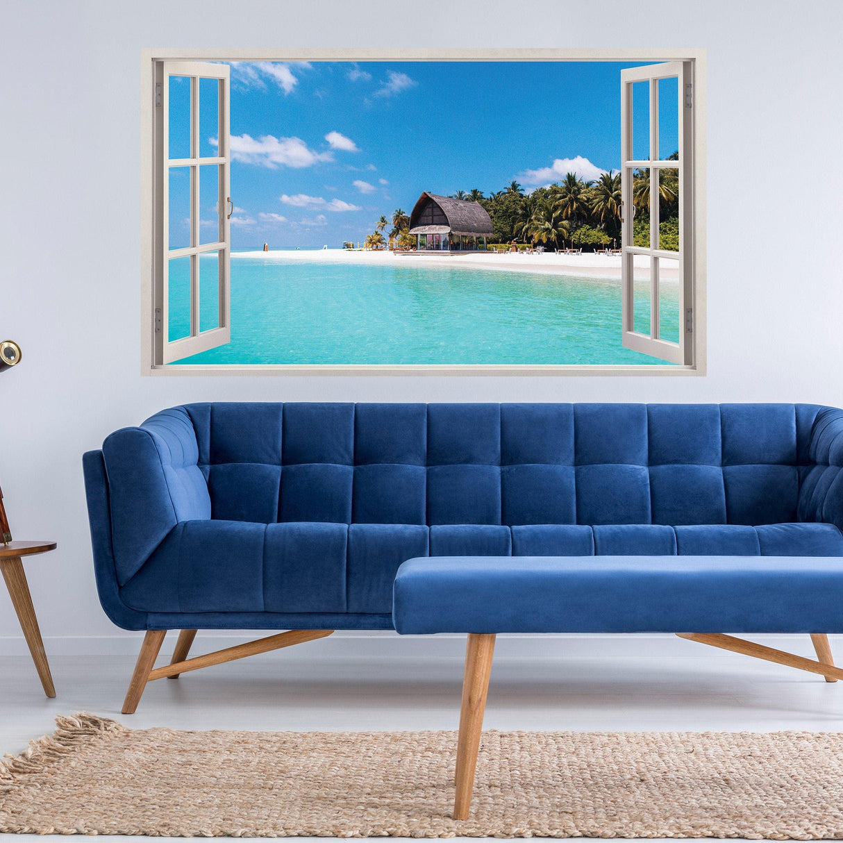 3D window beach view wall sticker with ocean scene, enhancing home decor and adding tranquility to a modern interior.