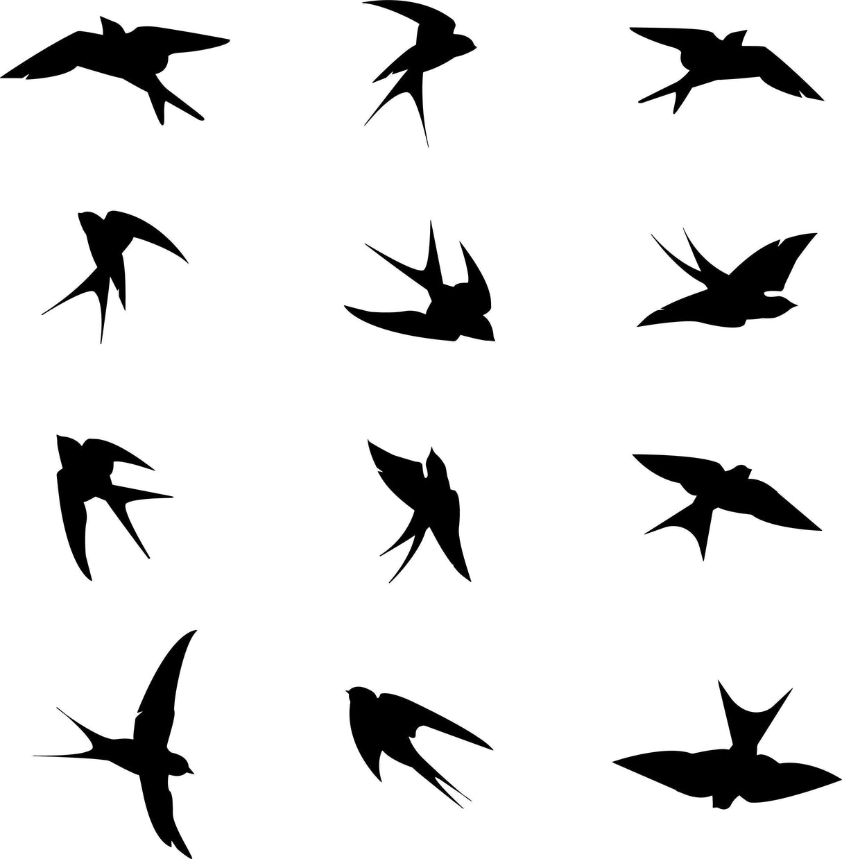 Silhouettes of flying birds for window decals to prevent bird collisions with glass.