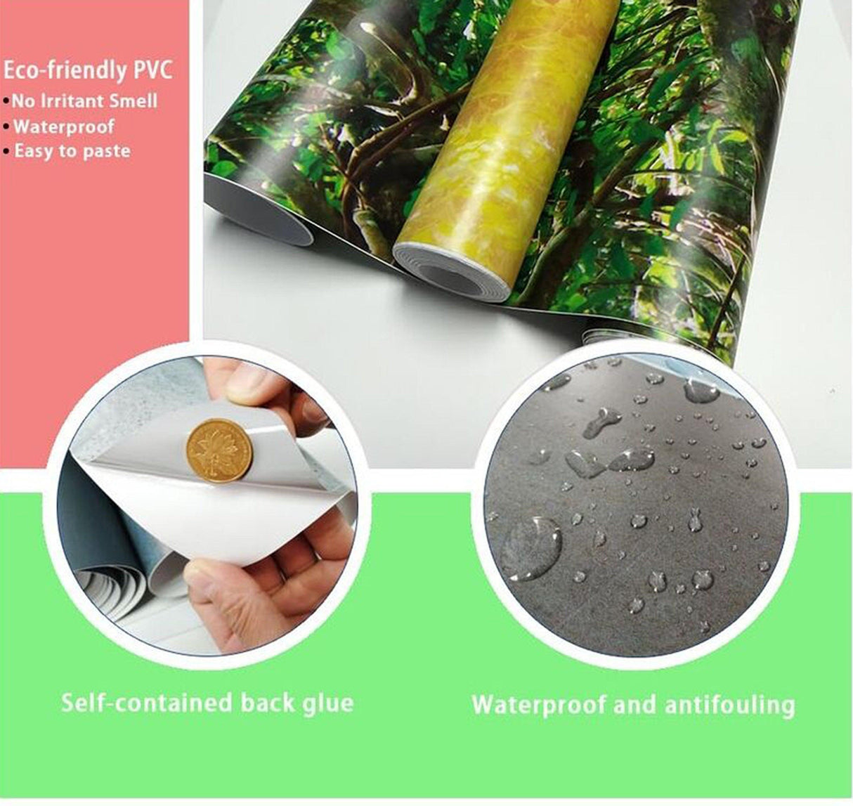 Eco-friendly PVC door stickers showing waterproof, easy application, and self-contained back glue features.