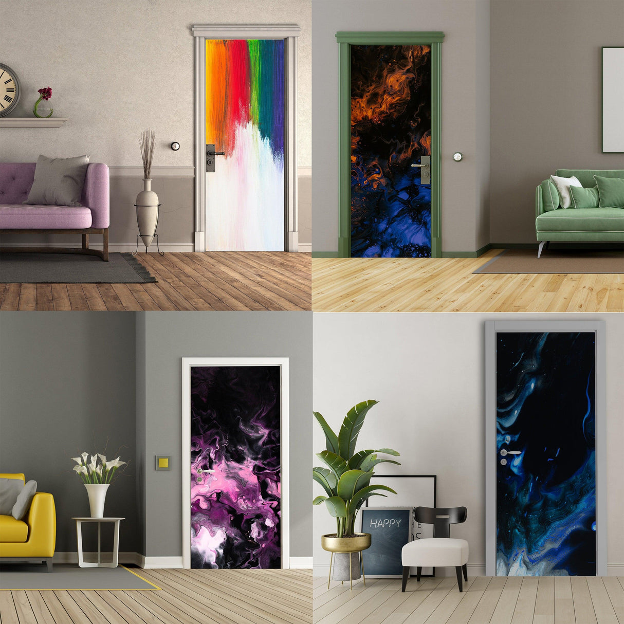 Collage of 3D door cover stickers showcasing abstract designs on various doors in stylish home interiors.
