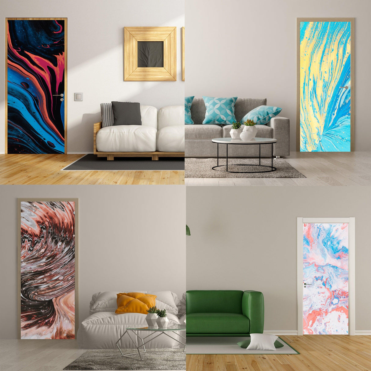 Collage of stylish 3D door cover stickers featuring abstract designs in vibrant colors for home decor.