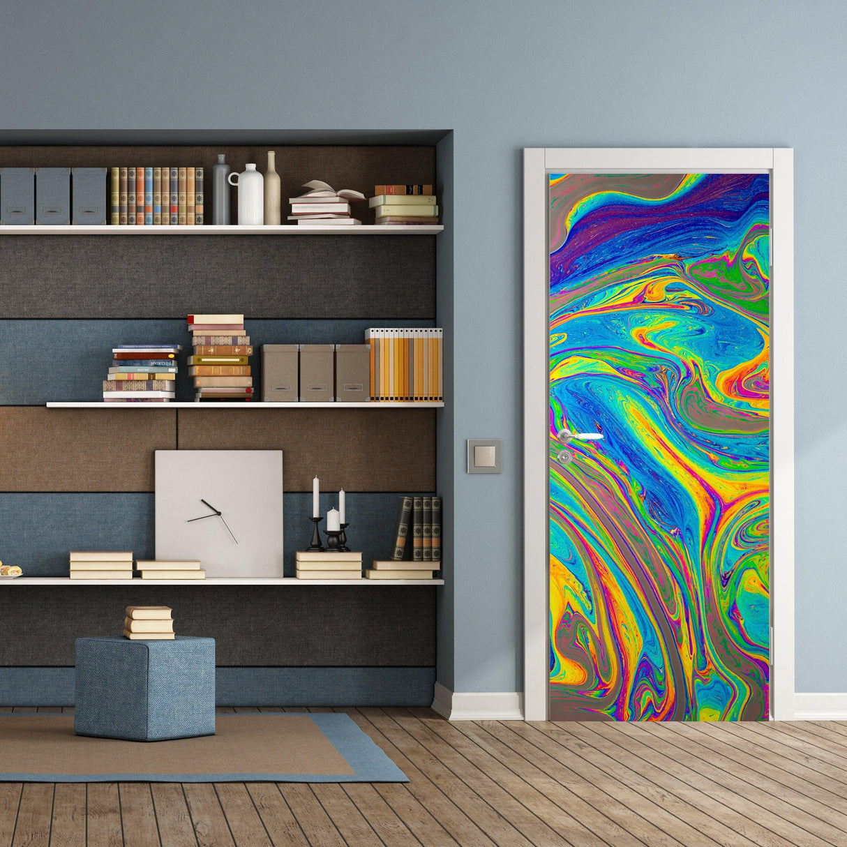 Colorful abstract 3D door cover sticker in a modern living space with bookshelves and blue accent decor.