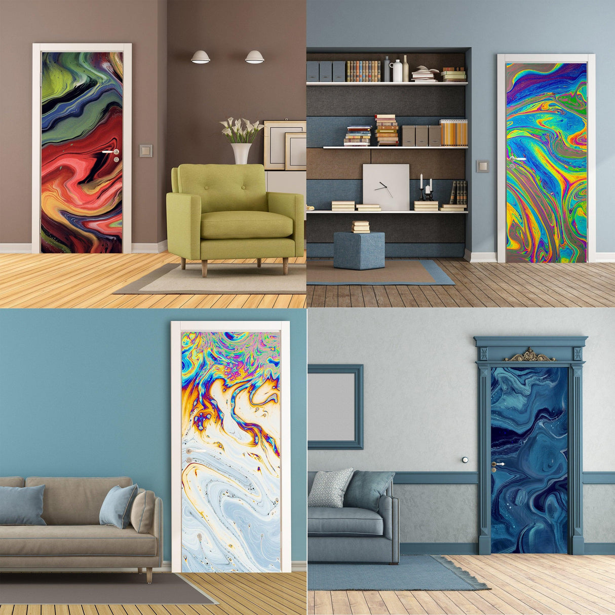 Collage of 3D door cover stickers featuring abstract wallpaper designs in various interior settings.