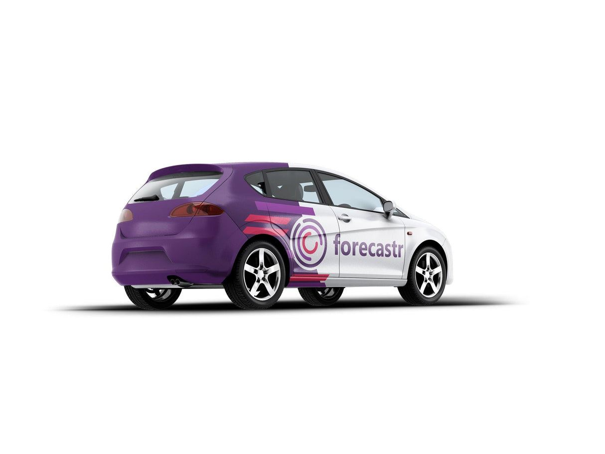 Custom car with purple wrap and logo, showcasing personalized automotive design and branding options.