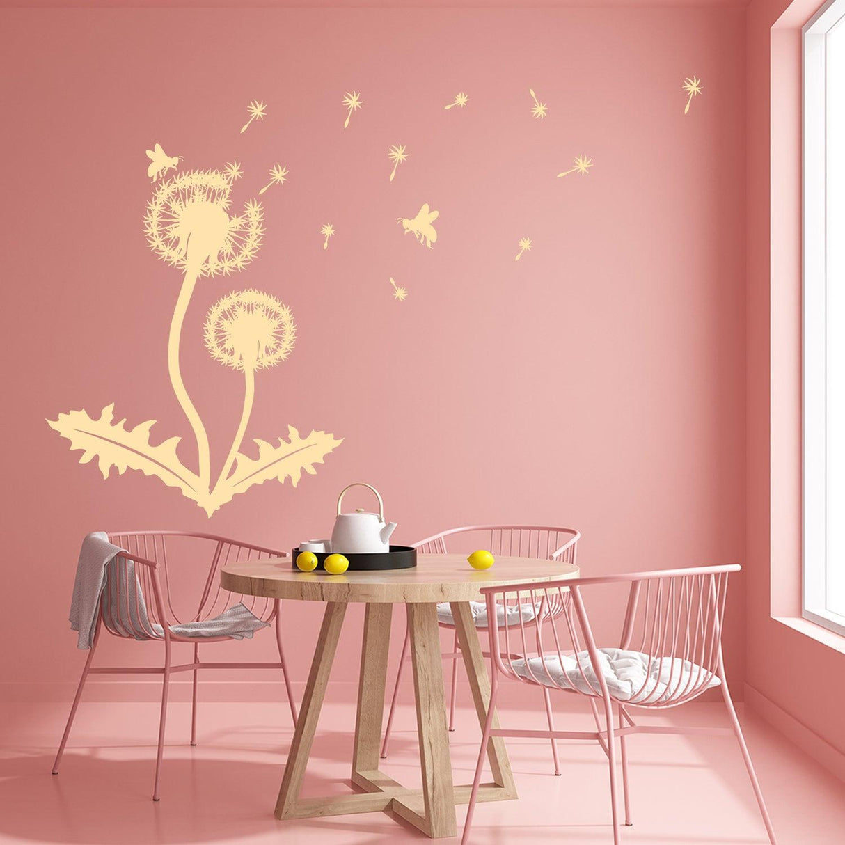 Dandelion wall decor decal in a pink room, featuring floral design and whimsical seeds for elegant home decoration.